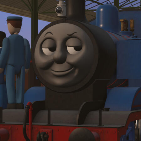 An image of Thomas the Tank Engine looking very smug.