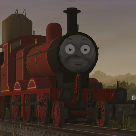 A picture of Johnson the Red Engine, looking very stunned.