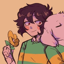 A piece of art of Chara Dreemurr, featuring them holding a flower and their brother ASRIEL on their shoulder sleeping.